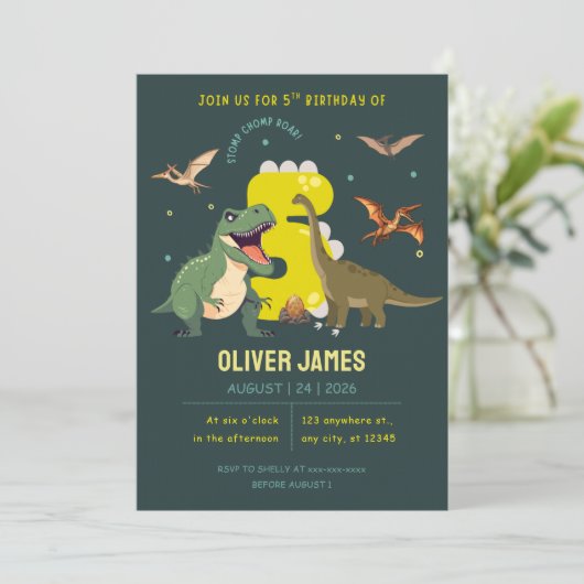 Dinosaur theme boy 5th birthday  kaart (Staand voorkant)