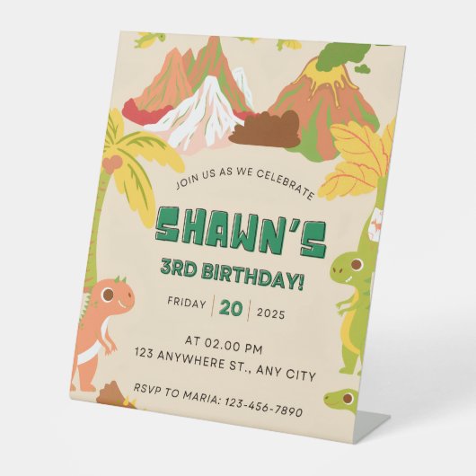 Dinosaur Theme Boy Verjaardagsfeestje Uitnodiging Reclamebord Met Voetstuk (Voorkant)