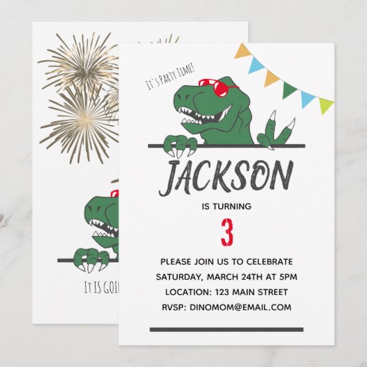 Dinosaur Theme Boy's Birthday Party Invitation Kaart (Voorkant / Achterkant)