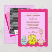 Dinosaur Theme Girl's Birthday Party Invitation Kaart (Voorkant / Achterkant)