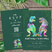 Dinosaur theme Green Wedding QR Code  Kaart