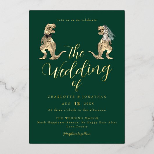 Dinosaur Theme Huwelijk Groen en Goud Folie Uitnodiging (Voorkant)