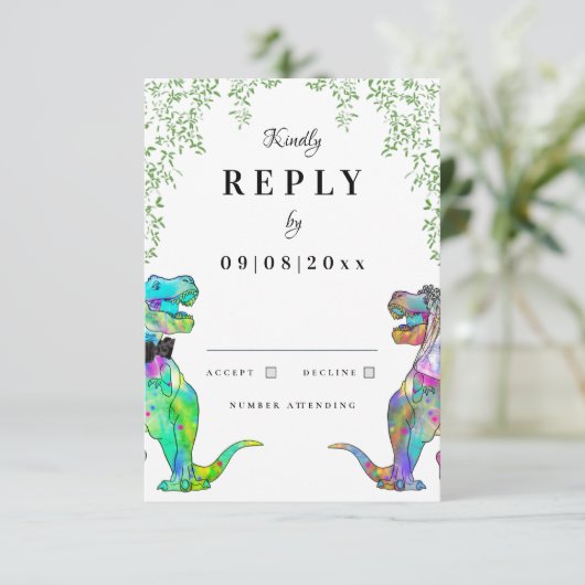 Dinosaur Theme Huwelijksantwoord RSVP Kaartje (Staand voorkant)