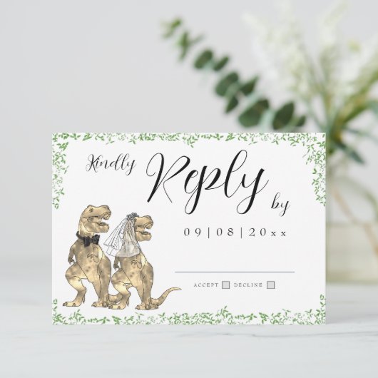 Dinosaur Theme Huwelijksantwoord RSVP Kaartje (Staand voorkant)