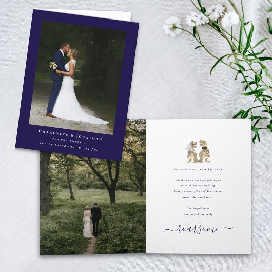 Dinosaur Theme Huwelijksfoto Marine Blauw Wit Bedankkaart