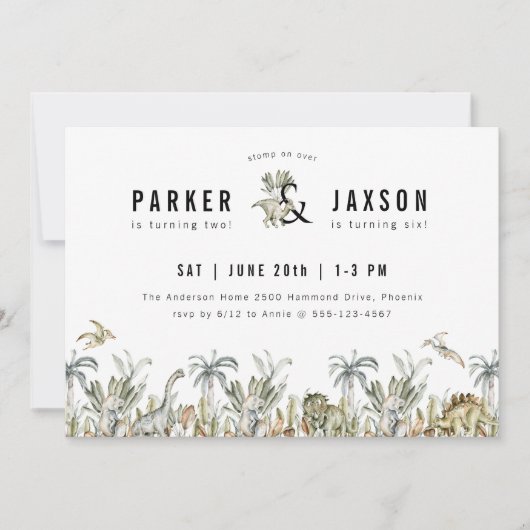 Dinosaur Theme Joint Birthday Party Kaart (Voorkant)