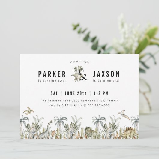 Dinosaur Theme Joint Birthday Party Kaart (Staand voorkant)