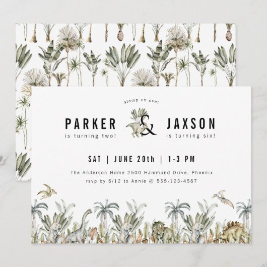 Dinosaur Theme Joint Birthday Party Kaart (Voorkant / Achterkant)