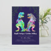 Dinosaur theme Navy Blue Pink Wedding QR Code  Kaart (Staand voorkant)