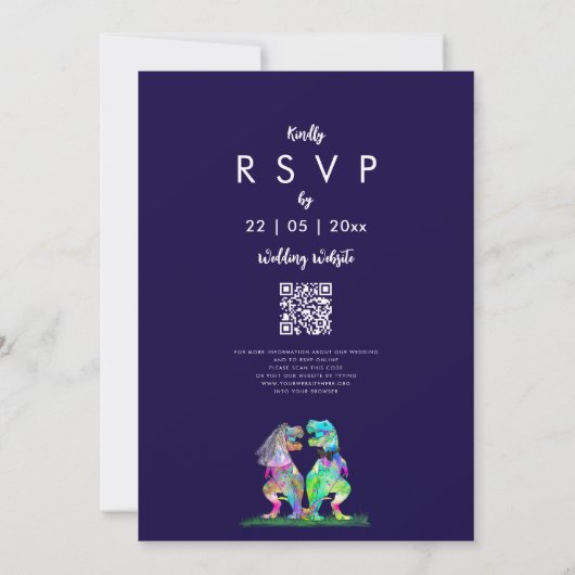Dinosaur theme Navy Blue Pink Wedding QR Code  Kaart (Achterkant)