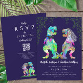 Dinosaur theme Navy Blue Pink Wedding QR Code  Kaart
