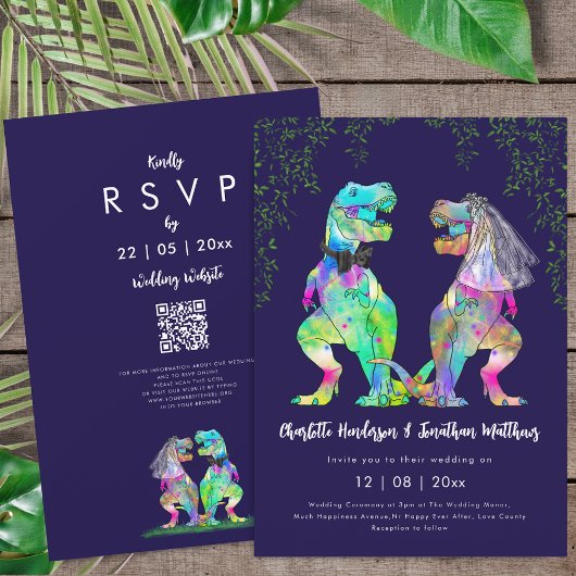 Dinosaur theme Navy Blue Pink Wedding QR Code  Kaart