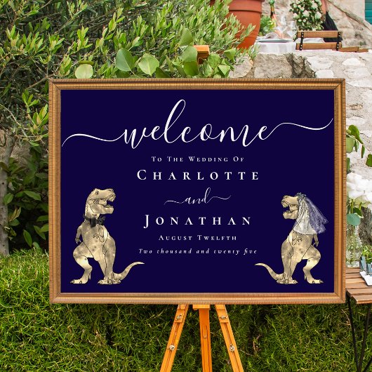 Dinosaur Theme Navy Blue Wedding Welcome Sign Poster