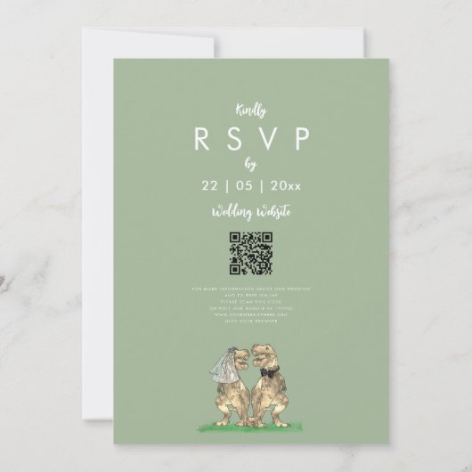 Dinosaur theme Sage Green Wedding QR Code Kaart (Achterkant)