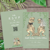 Dinosaur theme Sage Green Wedding QR Code Kaart