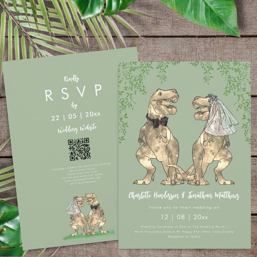 Dinosaur theme Sage Green Wedding QR Code Kaart