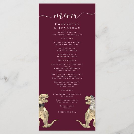 Dinosaur Theme Wedding Bourgogne & Crème Menu (Voorkant)