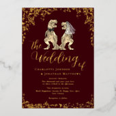 Dinosaur Theme Wedding Burgundy and Gold Folie Uitnodiging (Voorkant)