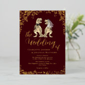 Dinosaur Theme Wedding Burgundy and Gold Folie Uitnodiging (Staand Voorkant)