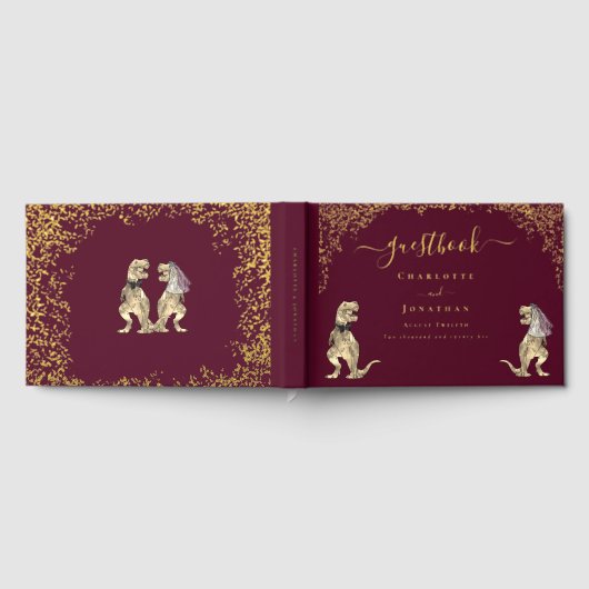 Dinosaur Theme Wedding Burgundy Red & Gold Gastenboek (Volledig)