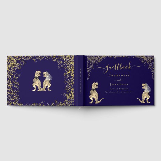 Dinosaur Theme Wedding Custom Navy Blue Gold Gastenboek (Volledig)