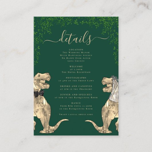 Dinosaur Theme Wedding Details Groen Informatiekaartje (Voorkant)