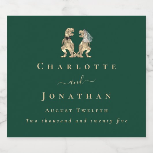 Dinosaur Theme Wedding Donkergroen Sparkling Wijnetiket (Enkel label)
