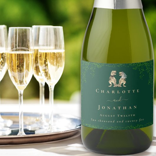 Dinosaur Theme Wedding Donkergroen Sparkling Wijnetiket