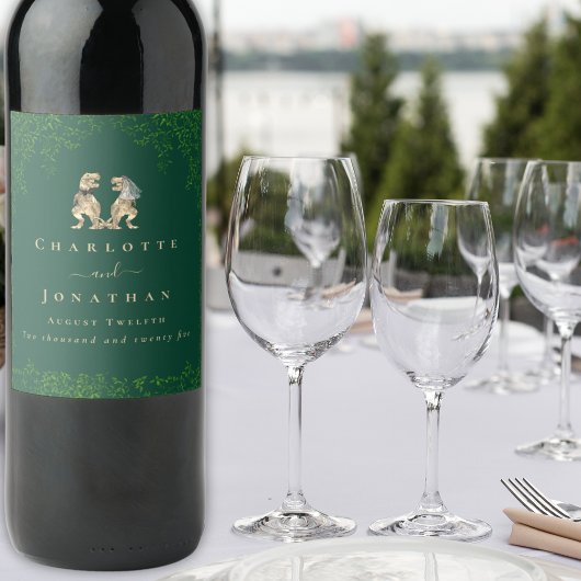 Dinosaur Theme Wedding Donkergroen Wijn Etiket