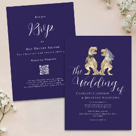 Dinosaur Theme Wedding Marine Blauw Wit QR Code Kaart