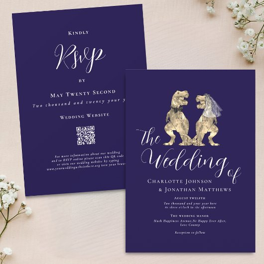 Dinosaur Theme Wedding Marine Blauw Wit QR Code Kaart