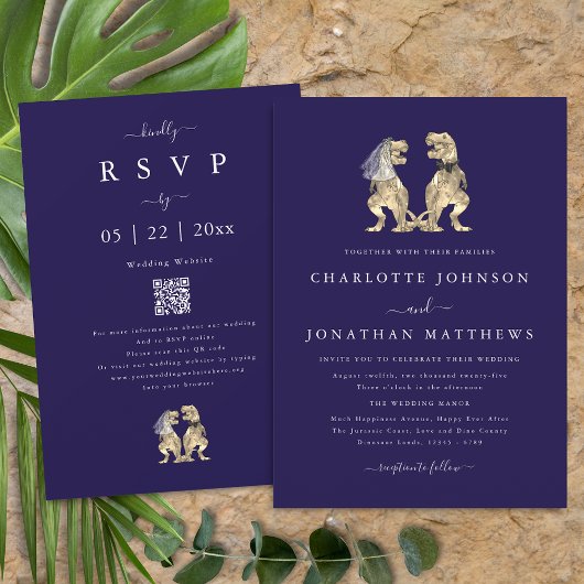 Dinosaur Theme Wedding Navy Blue QR Code Kaart
