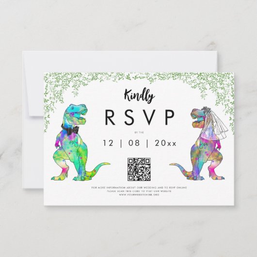 Dinosaur Theme Wedding QR code Beantwoorden RSVP Kaartje (Voorkant)
