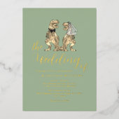 Dinosaur Theme Wedding Sage Green Gold Folie Uitnodiging (Voorkant)