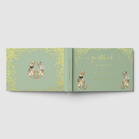 Dinosaur Theme Wedding Sage Green Gold Gastenboek (Volledig)