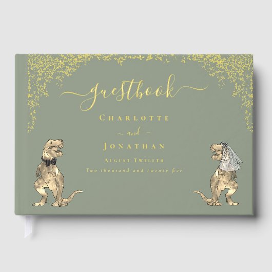Dinosaur Theme Wedding Sage Green Gold Gastenboek (Voorkant)