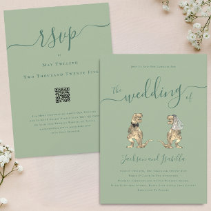 Dinosaur Theme Wedding Sage Green QR Code Kaart