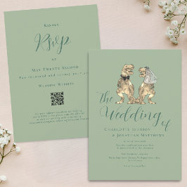 Dinosaur Theme Wedding Sage Green QR Code Kaart