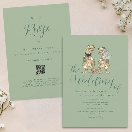 Dinosaur Theme Wedding Sage Green QR Code Kaart