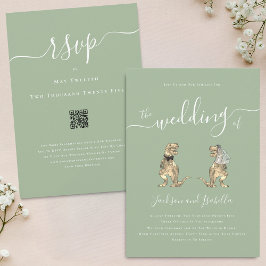 Dinosaur Theme Wedding Sage Groen Wit QR Code Kaart