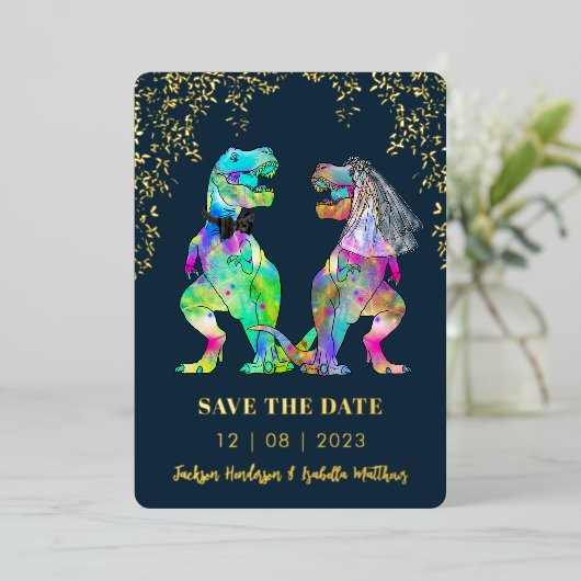 Dinosaur Theme Wedding Save the Date Gold Folie Uitnodiging (Staand Voorkant)