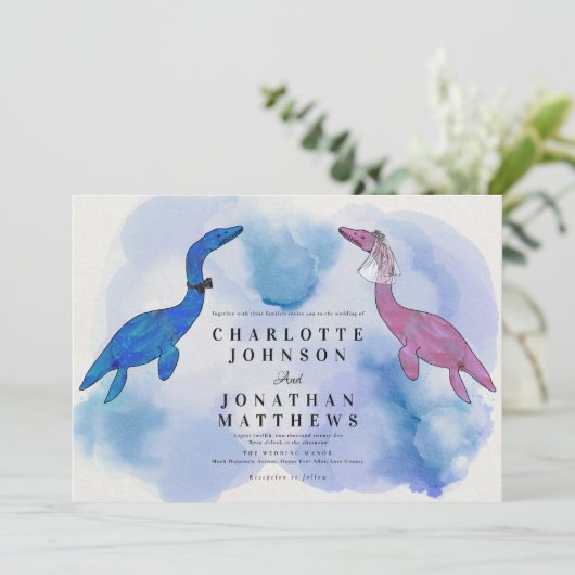 Dinosaur Theme Wedding Waterverf Zee Uitnodiging (Staand voorkant)