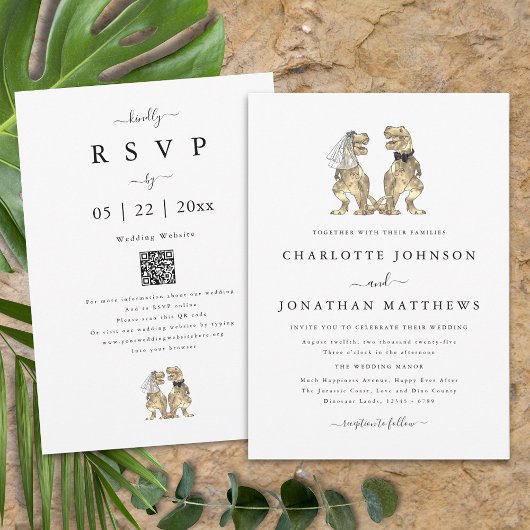 Dinosaur Theme Wedding Zwart-wit QR-code Kaart