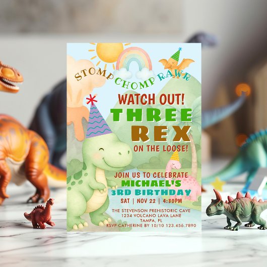 Dinosaur Themed Three Rex Birthday Party Boy Kaart