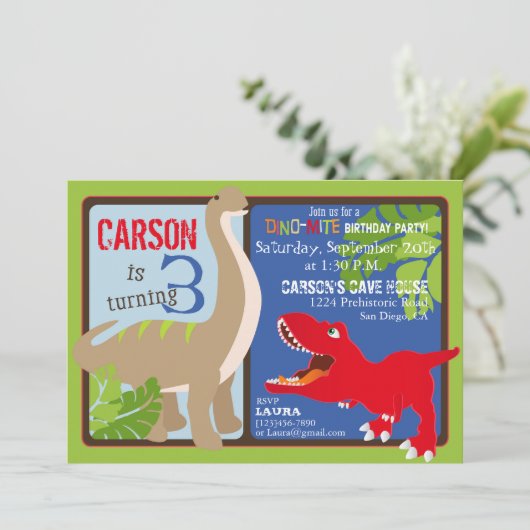 Dinosaur Third Birthday Invitation Kaart (Staand voorkant)