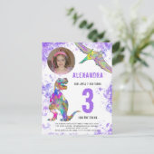 Dinosaur Thlemed Girls 3rd Birthday Party Photo Uitnodiging Briefkaart (Staand voorkant)