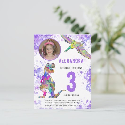 Dinosaur Thlemed Girls 3rd Birthday Party Photo Uitnodiging Briefkaart (Staand voorkant)