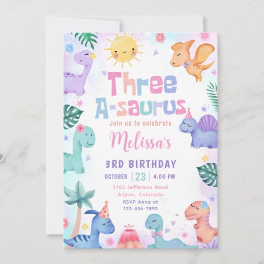 Dinosaur Three-A-Saurus 3de verjaardagsfeestje Kaart (Voorkant)