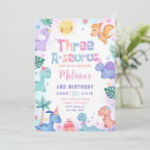 Dinosaur Three-A-Saurus 3de verjaardagsfeestje Kaart (Staand voorkant)