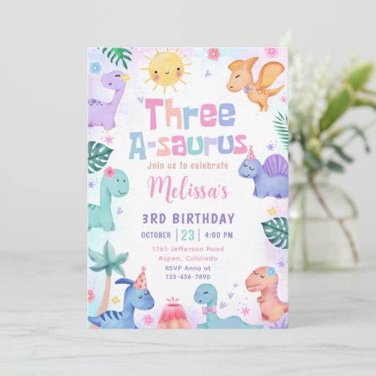 Dinosaur Three-A-Saurus 3de verjaardagsfeestje Kaart (Staand voorkant)